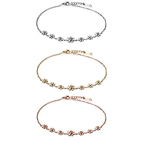 Flongo Armband Fußkettchen Schmuckset, 3 Stück Edelstahl Armband Fußkette Armkette Armkettchen Armreif Silber Gold Rose Gold Kamille Sonnenblumen Freundschaftsketten Elegant Süß Damen von Flongo