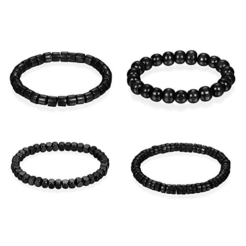 Flongo Armband Gebetskette Armkette, 4 Stück Holz Perle Perlen Kugel Gebetskette Armband Kette Schwarz Surfer Wickeln für Damen Herren Accessoires Schmuckset von Flongo