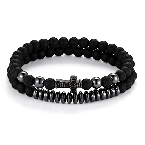 Flongo Armband Gebetskette Yoga Kreuz Armkette Perle Perlen Kugel Kette Schwarz Wickeln für Damen Herren Accessoires 2 Stück Set von Flongo