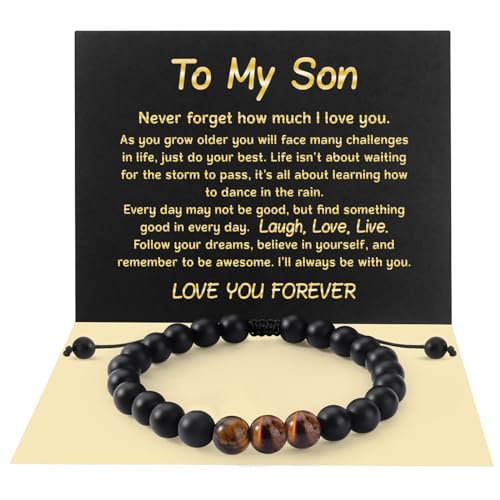 Flongo Armband Geschenk für Sohn: To my son Tigerauge natürlich Stein Armband schwarz brauen Geschenke von Vater Mutter Naturstein Geburtstag Jahrestag Weihnachten Männer Herren Jungen Teenager von Flongo