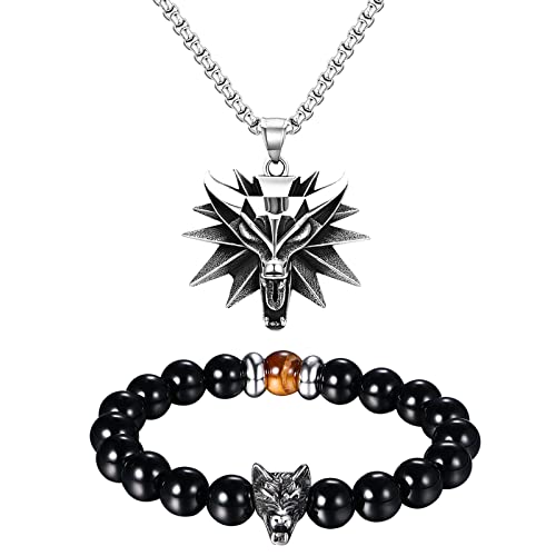 Flongo Armband Halskette Schmuck Set Wikinger Wolf Energiestein Perlen Chakra Armband Viking Edelstahl Kette mit Wolfskopf Anhänger schwarz Achat Onyx Armbänder Schmuckset Elastisch für Unisex Herren von Flongo