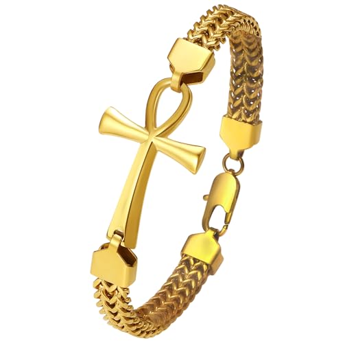 Flongo Armband Herren Ankh Kreuz: bracelet men gold Franco Armkette Edelstahl königskette Double Row Woven Chain mit Egyptian Cross Amulett mens jewellery Armbänder für Damen Männer Jungen von Flongo