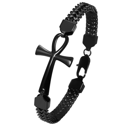 Flongo Armband Herren Ankh Kreuz: bracelet men schwarz Franco Armkette Edelstahl königskette Double Row Woven Chain mit Egyptian Cross Amulett mens jewellery Armbänder für Damen Männer Jungen von Flongo