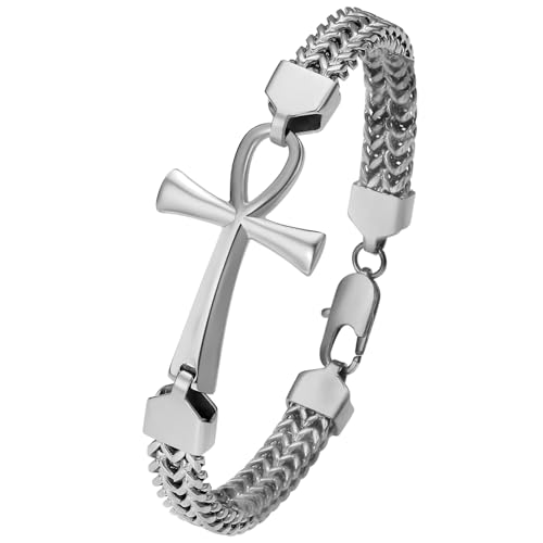 Flongo Armband Herren Ankh Kreuz: bracelet men silber Franco Armkette Edelstahl königskette Double Row Woven Chain mit Egyptian Cross Amulett mens jewellery Armbänder für Damen Männer Jungen von Flongo