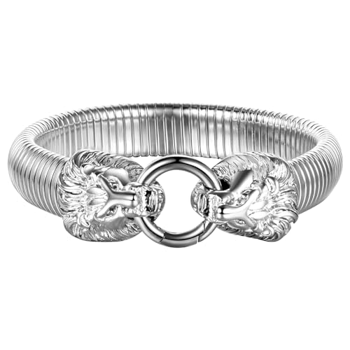 Flongo Armband mit Löwe für Damen Herren: Silber Löwenkopf Armreif Edelstahl Verstellbar Elastisch Verschluss Armkette Goth Viking Biker Link Bully Chunky Armspange Männer Frauen von Flongo
