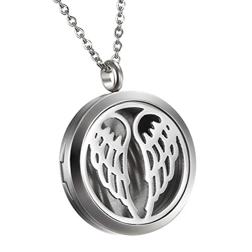 Flongo Aroma Diffuser kette Aromatherapie: Duft Halskette für Ätherische Öle Edelstahl Flügel Engel Duftkette mit 6 Farbigen Filz Pads ölpads Silber für Damen Frauen von Flongo