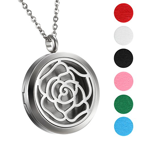 Flongo Duft Kette Aromatherapie Aroma: Halskette für Ätherische Öle Edelstahl Rose Blume Duftkette Diffuser mit 6 Farbigen Filz Pads ölpads Silber für Damen Frauen von Flongo
