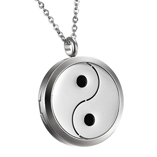Flongo Aroma Diffuser kette Aromatherapie: Duft Halskette für Ätherische Öle Edelstahl Duftkette mit 6 Farbigen Filz Pads ölpads Silber Tai Chi yin yang für Damen Frauen von Flongo