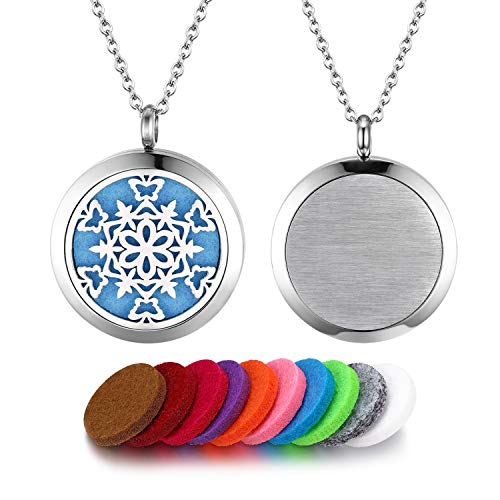 Flongo Duft Kette Aromatherapie Aroma: Halskette für Ätherische Öle Schneeflocken Edelstahl Duftkette Diffuser mit 10 Farbigen Filz Pads ölpads Silber für Damen Frauen von Flongo