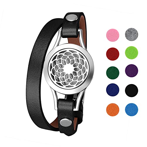 Flongo Aromatherapie Lederarmband Damen-Armband Armreif Aroma Locket Diffuser Duftstofflocket mit Farbigen Filz-Pads ätherisches Öl Diffusor für Frauen Schwarz von Flongo