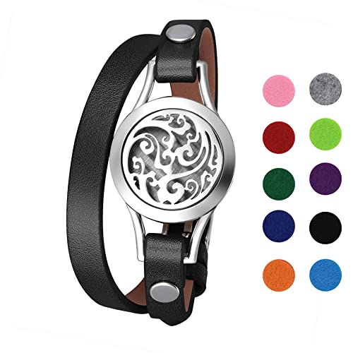 Flongo Aromatherapie Lederarmband Damen-Armband Armreif Aroma Locket Diffuser Duftstofflocket mit Farbigen Filz-Pads ätherisches Öl Diffusor für Frauen Schwarz von Flongo