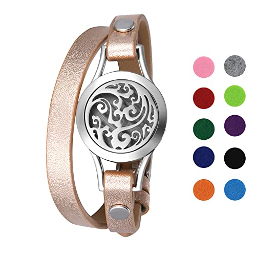 Flongo Aromatherapie Lederarmband Damen-Armband Armreif Aroma Locket Diffuser Duftstofflocket mit Farbigen Filz-Pads ätherisches Öl Diffusor für Frauen Silber Flongo Aromatherapie Lederarmband Damen-Armband Armreif Aroma Locket Diffuser Duftstofflocket mit Farbigen Filz-Pads ätherisches Öl Diffusor für Frauen Silber von Flongo
