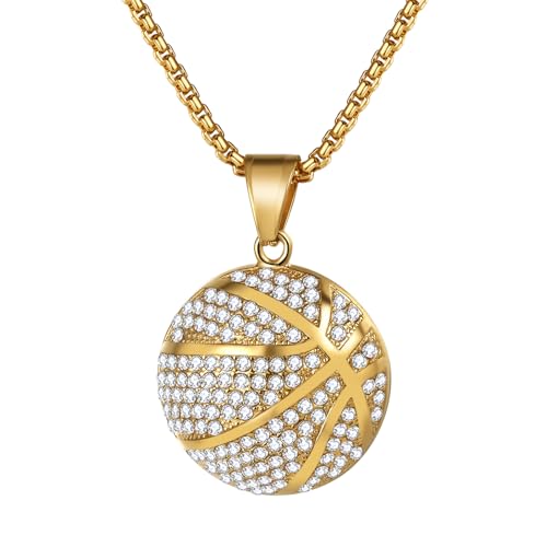 Flongo Basketball Anhänger Halskette für Herren: 18k Gold vergoldet Sport Kette Cubic Zirkonia Halskette mit Basketball Anhänger Hip Hop Teen Geschenk Teenager Jugendliche Studenten Mädchen Sportler von Flongo