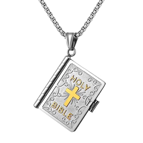 Flongo Bibel Kreuz Halskette für Damen: Aufklappbares Buch Anhänger mit Edelstahl Silber - Christlicher Schmuck 60cm - Religiöse Kette mit Bibelvers - Geschenk Verlobung Geburtstag Ostern von Flongo