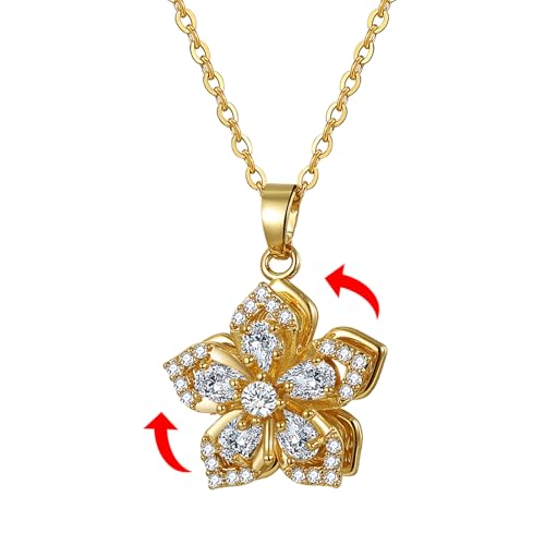 Flongo Blumen Strass Kette für Damen: Gold Drehbarer Anhänger Anti Stress Fidget - Halskette 39-44cm Verstellbar - Bauhinia Schmuck gegen Angst - Geschenk für Freundin Mutter Ehefrau von Flongo