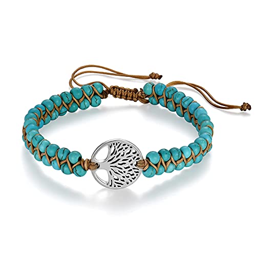 Flongo Böhmische Perlen Edelstein Yoga Armband Wickelarmband Naturstein Healing Reiki Mala Boho Style Kette mit Lebensbaum Anhänger für Frauen von Flongo