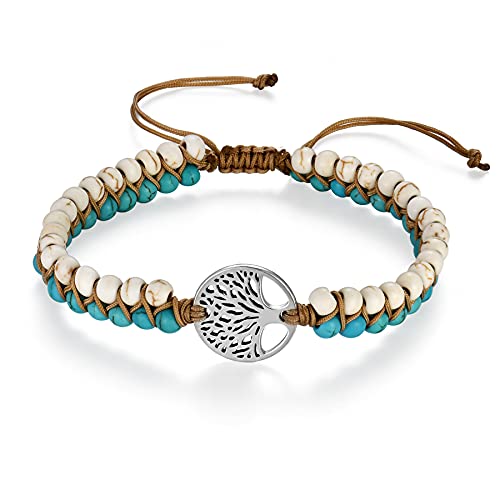 Flongo Böhmische Perlen Edelstein Yoga Armband Wickelarmband Naturstein Healing Reiki Mala Boho Style Kette mit Lebensbaum Anhänger für Frauen von Flongo