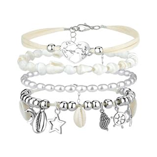 Flongo Boho Herz Fußkettchen für Damen: 4 Stück Verstellbare Mehrschichtige Strand Muschel Fußketten mit Seestern - Hawaii Beach Fuß Schmuck - Wasserfeste Knöchel Armbänder Geschenk für Frauen von Flongo