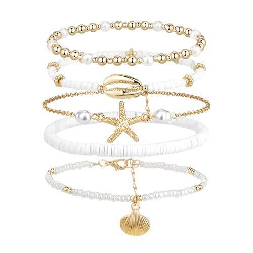 Flongo Boho Muschel Fußkettchen für Damen: 5 Stück Verstellbare Strand Fußketten mit Seestern - Mehrschichtige Hawaii Beach Fuß Schmuck - Wasserfeste Sommer Knöchel Armbänder für Frauen von Flongo