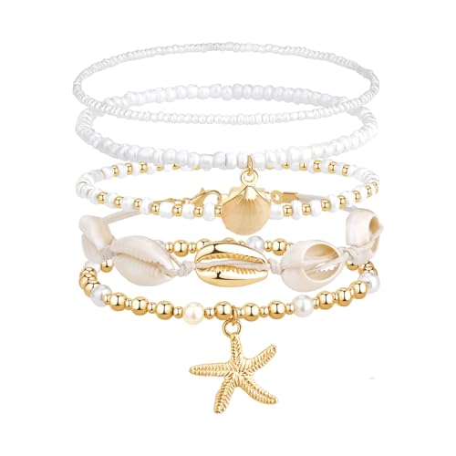 Flongo Boho Perlen Fußkettchen für Damen: 5 Stück Verstellbare Strand Fußketten mit Seestern - Mehrschichtige Hawaii Beach Fuß Schmuck - Wasserfeste Sommer Knöchel Armbänder Geschenk von Flongo