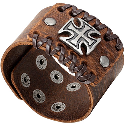 Flongo Breit Metalllegierung Legierung Leder Echtleder Armband Armreifen Manschette Braun Silber Ritter Knight Kruzifix Kreuz Einstellbar Verstellbaren Punk Rock Herren von Flongo