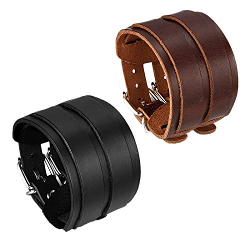 Flongo Herren Armband Lederarmband Männer Armreif Breite Leder Echtleder Armband Manschette Braun Schwarz Silber Kordelkette Motorradfahrer Biker Einstellbar 2 Stück von Flongo