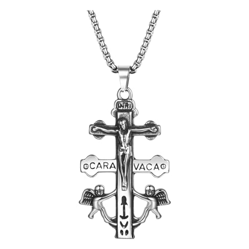 Flongo Caravaca Doppelkreuz Engel Halskette: Jesus Kreuz Amulett Anhänger Kette silber Edelstahl Kruzifix Cross Necklace Vintage Christlicher Schmuck Geschenk für Damen Herren Männer von Flongo