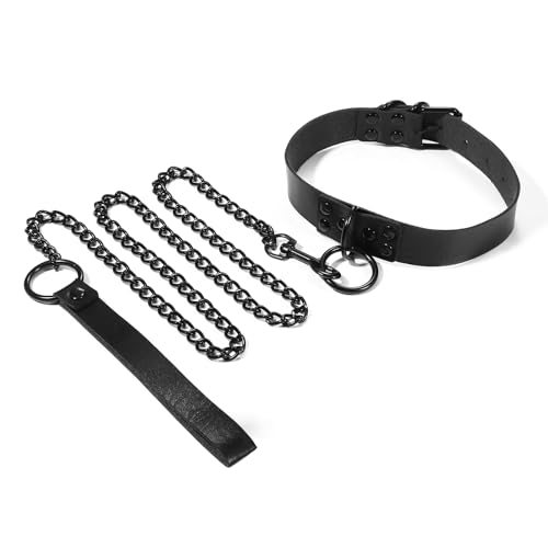 Flongo Choker Halsband Frauen Sex：Schwarz Lederhalsband mit Kette Set bdsm Collar Damen PU Leder Punk Choker Halskette Geschenk für Valentinstag Paar von Flongo