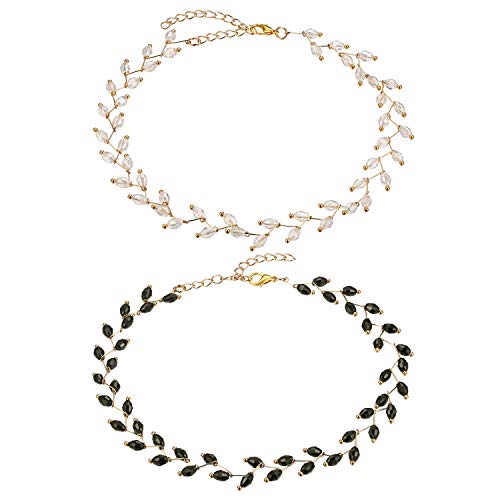 Flongo Damen Choker Halsband Kristall Perlen Halsketten 2 Stück Set weiß schwarz Gold Edelstahl Tattoo Kette Schmuck Glitzer verstellbar Geschenk Kinder Mädchen Frauen von Flongo