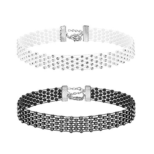 Flongo Damen Choker Halsband Strass glitzer Halsketten 2 Stück Set weiß schwarz Holzkohlenbohrer Tattoo Kette Kropfbänder Schmuck glitzer verstellbar Geschenk Kinder Mädchen Frauen von Flongo