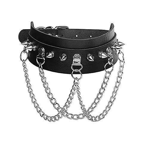 Flongo Choker Leder Halsband Mit Edelstahlkette Damen Halsband Gothic Choker Schwarz für Gothic Punk Männer Frauen Sexy Kragen Mode-Accessoires von Flongo