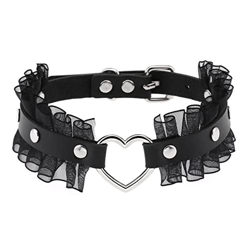 Flongo Damen Choker Spitze Halsband Leder Lace schwarz Gothic Tattoo Kette Halskette Schmuck Herz O-Ring Lederhalsband Einstellbar für Mädchen Frauen Kinder Halloween Kostüm von Flongo