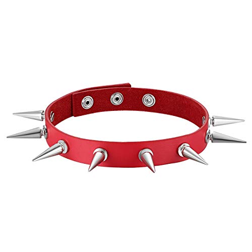 Flongo Choker Tattoo Kette Lederhalsband Damen Herren Halskette Gotik Halsband Schmuck Rot Silber mit Spitz Niete Nieten Einstellbar Punk Rock von Flongo