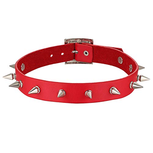 Flongo Choker Tattoo Kette Lederhalsband Damen Herren Halskette Gotik Halsband Schmuck Rot Silber mit Spitz Niete Nieten Einstellbar Punk Rock von Flongo