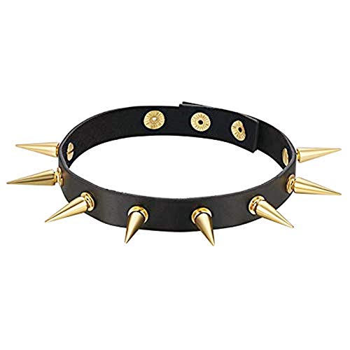 Flongo Choker Tattoo Kette Lederhalsband Damen Herren Halskette Gotik Halsband Schmuck Schwarz Gold mit Spitz Niete Nieten Einstellbar Punk Rock von Flongo