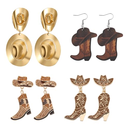Flongo Cowgirl Western Ohrringe für Damen: 4 Stück Ohrhänger mit Cowboyhut Stiefel - Country Boho Schmuck mit Kristall Emaille - Hängende Ohrstecker - Geschenk für Western Fans Musikfestival Party von Flongo