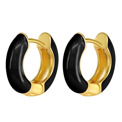 Flongo Creolen Emaille Damen Ohrringe: Chunky Ohrstecker Gold schwarz zweifarbig silber 925 Edelstahl rund Hoop Huggie earrings hypoallergen glänzend Klappcreolen klein geschenk Frauen Mädchen von Flongo
