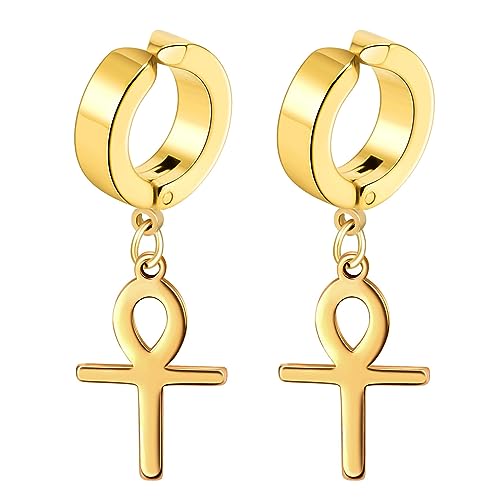 Flongo Creolen Ohrklemme mit Ankh Ägyptischen Kreuz Anhänger gold Ohrringe Ohne Loch edelstahl Baumeln non-piercing ohrklipp ear clips earrings für Damen Herren mädchen von Flongo