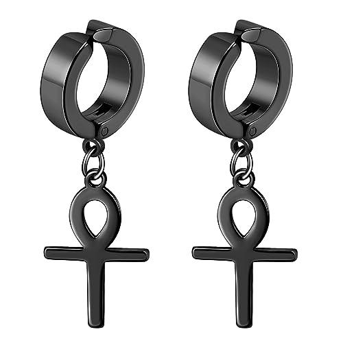 Flongo Creolen Ohrklemme mit Ankh Ägyptischen Kreuz Anhänger schwarz Ohrringe Ohne Loch edelstahl Baumeln non-piercing ohrklipp ear clips earrings für Damen Herren mädchen von Flongo