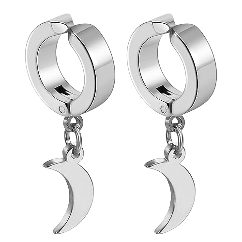 Flongo Creolen Ohrklemme mit Mond moon Anhänger gold Hoop Ohrringe Ohne Loch edelstahl Baumeln non-piercing ohrklipp ear clips klipp ohrklipser clip klein earrings für Damen Herren mädchen von Flongo