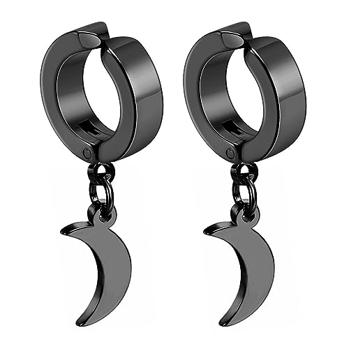 Flongo Creolen Ohrklemme mit Mond moon Anhänger schwarz Hoop Ohrringe Ohne Loch edelstahl Baumeln non-piercing ohrklipp ear clips klipp ohrklipser clip klein earrings für Damen Herren mädchen von Flongo