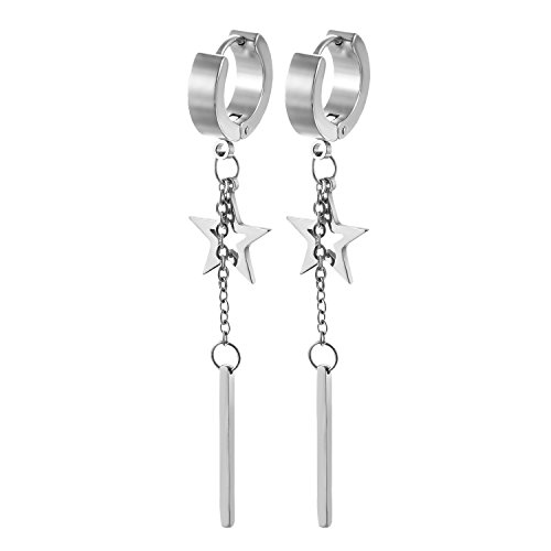 Flongo Creolen Ohrringe, Edelstahl Ohrstecker Ohrringe Ohrhänger Ohrkette Silber Stern Quaste Anhänger Jahrgang Hip-Hop Herren Männer Damen Frauen Ohrschmuck von Flongo
