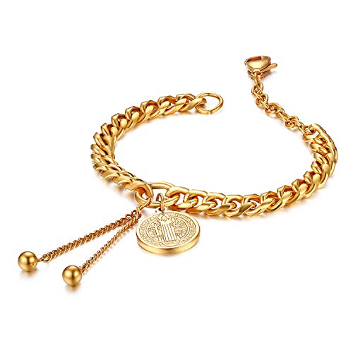 Flongo Damen Armband Armkette Kette Panzerkette, Edelstahl Armreif Kette Gold mit Benediktussegen Saint Benedict Medal und Kette Anhänger von Flongo
