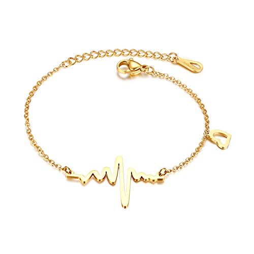 Flongo Damen Armband Armreif Freundschaftsarmbänder BFF Ketten für 3, Edelstahl Armkette Kette Gold mit Elektrokardiogramm EKG Herzschlag und Herz Anhänger von Flongo