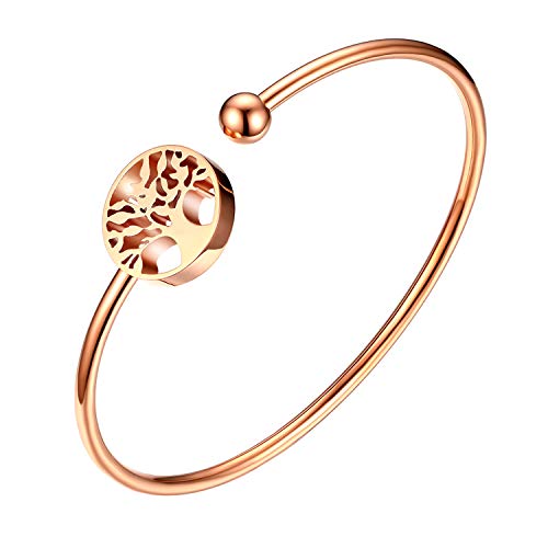 Flongo Damen Armband Frauen Armreif Armkette, Edelstahl Armband Damenarmband Manschette Rose Gold Baum des Lebens Tree of Life Offen-Verschluss Verstellbar von Flongo