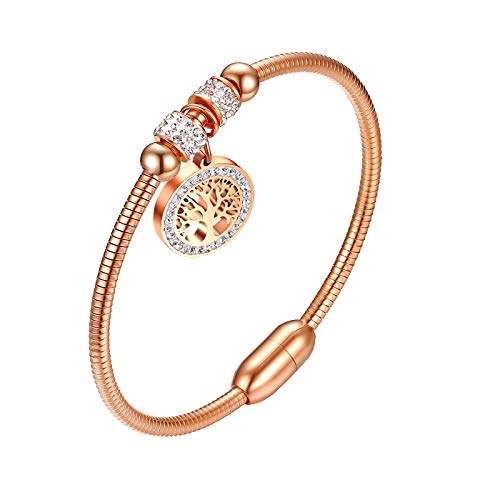 Flongo Damen Armband Frauen Armreif Armkette, Edelstahl Armband Damenarmband Manschette Rose Gold mit Strass Baum des Lebens Tree of Life Lebensbaum Anhänger von Flongo