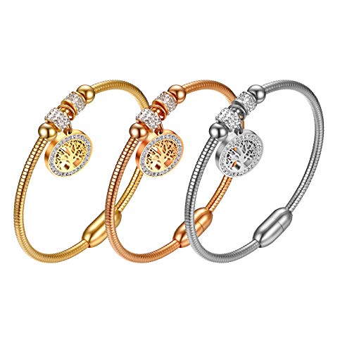 Flongo Damen Armband Frauen Armreif Armkette BFF Armbänder für 3, Edelstahl Armband Damenarmband Silber Rose Gold Golden mit Strass Baum des Lebens Tree of Life Lebensbaum Anhänger von Flongo