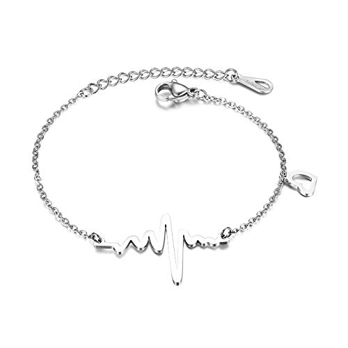 Flongo Damen Armband Armreif Freundschaftsarmbänder BFF Ketten für 3, Edelstahl Armkette Kette Silber mit Elektrokardiogramm EKG Herzschlag und Herz Anhänger von Flongo