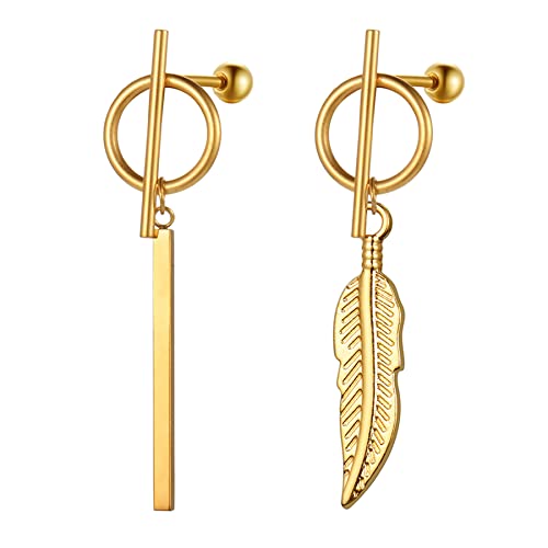 Flongo Damen Asymmetrische Ohrringe Ohrstecker Creolen Ohrhänger in Gold Stecker mit hängenden Feder Anhänger für Frauen von Flongo
