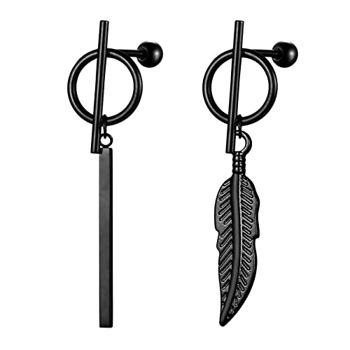 Flongo Damen Asymmetrische Ohrringe Ohrstecker Creolen Ohrhänger in Schwarz Stecker mit hängenden Feder Anhänger für Frauen von Flongo
